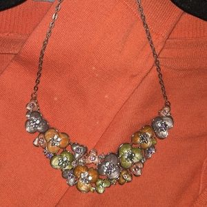 New York & Company Chunky Metal Bib Necklace with Rhinestones and Flowers